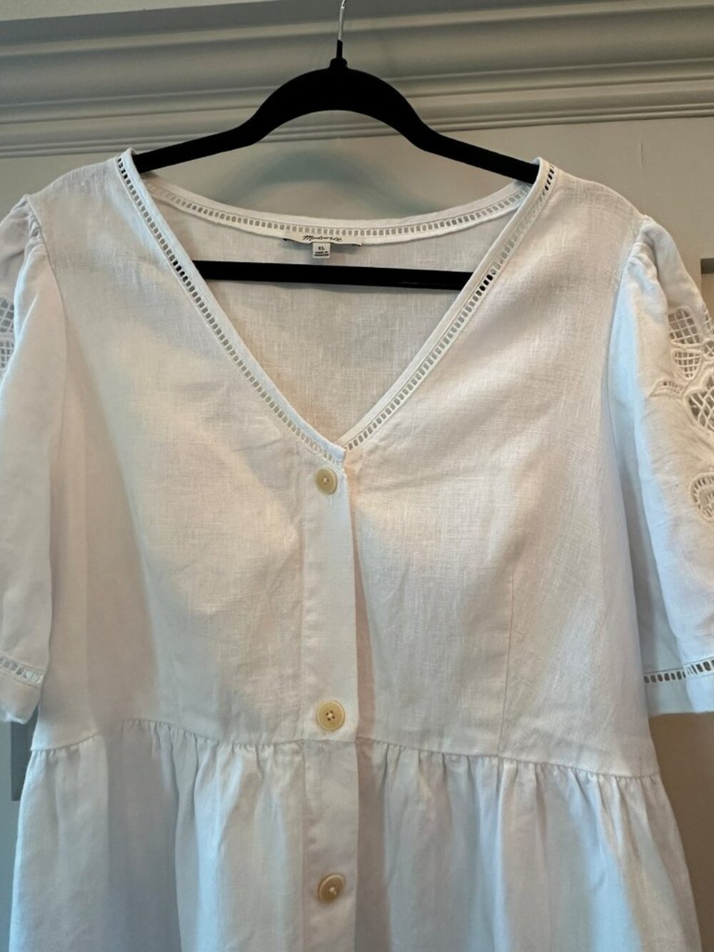 🤍 Madewell White Linen Midi Dress M 🌿 Cottagecore Embroidered Sleeve Boho - Picture 8 of 13